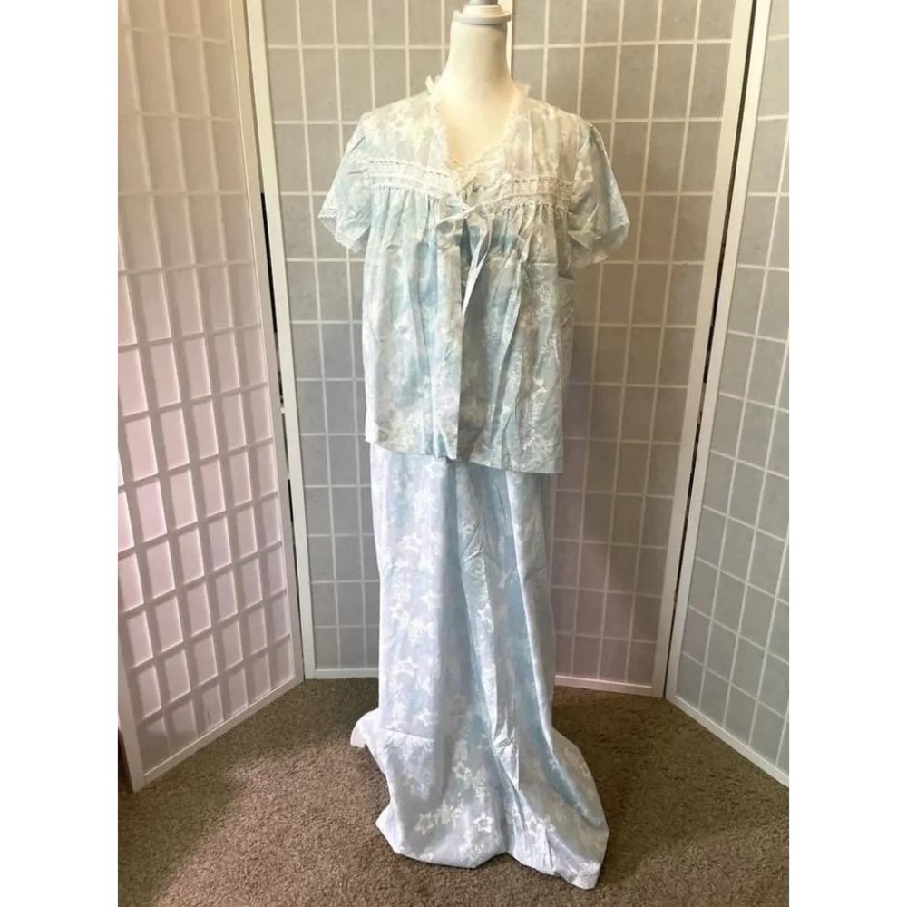 Vintage Sears Nursing Nightgown Set Blue Floral Lace M Cottage USA 1980s Retro
